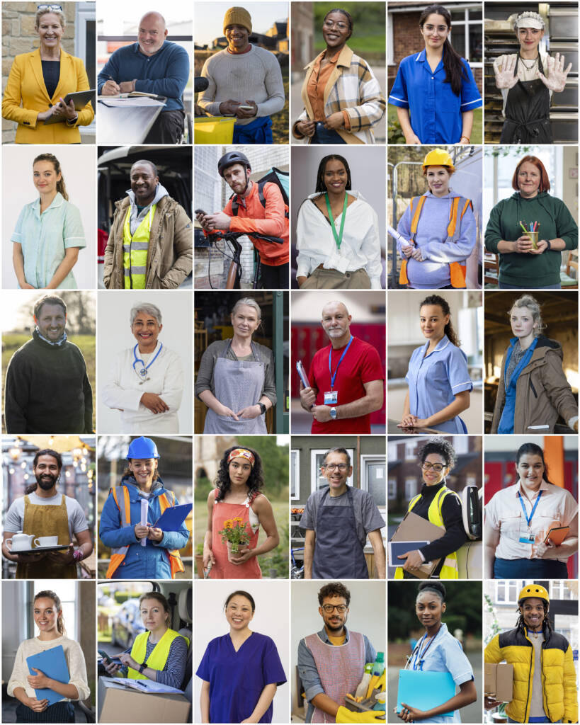 An image montage of waist up portraits of different deskless enterprise mobility workers wearing uniform, in their various workplaces. They are looking at the camera and smiling.
