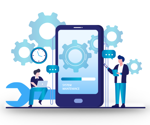 Spectralink system maintenance graphic with blue gears, wrench, and mobile device